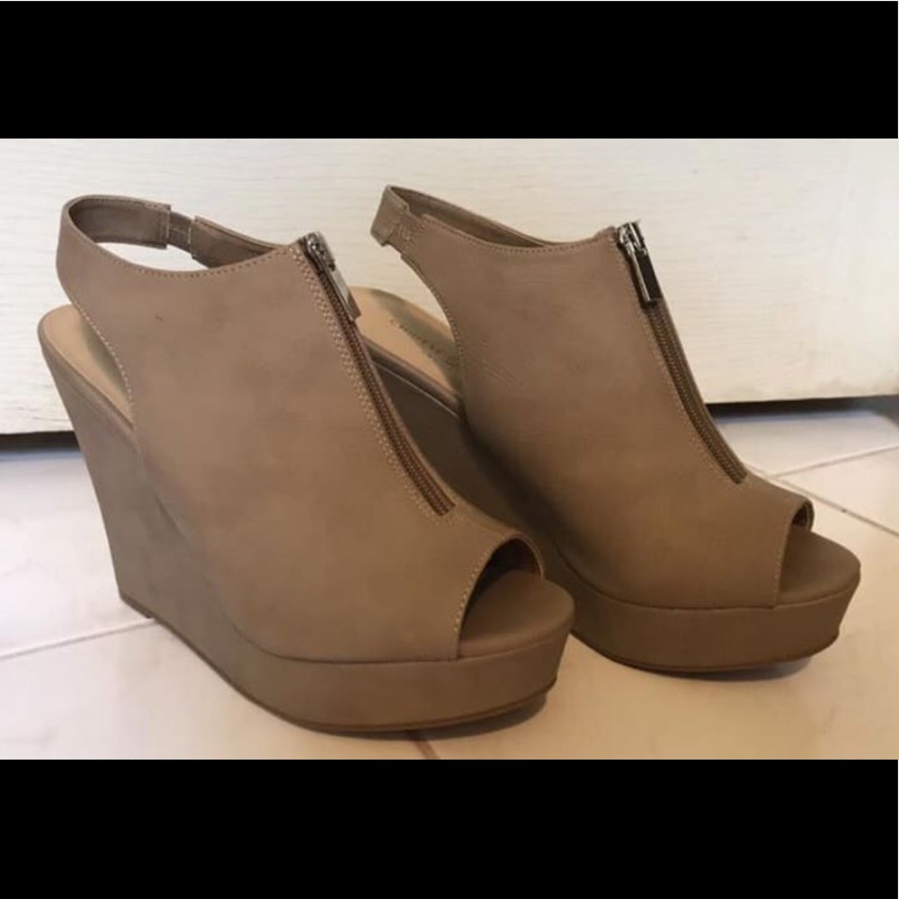 Beige/tan sling back platform wedge heel